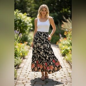 Floral Black and Pink Maxi Skirt vintage boho pull on